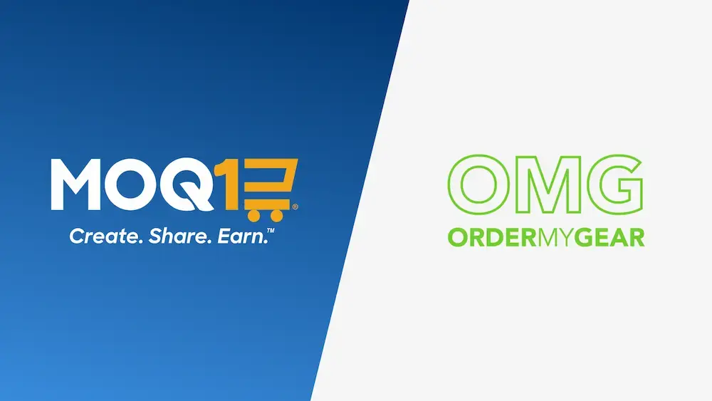 MOQ1 and OrderMyGear logo comparison — branded merchandise platforms compared