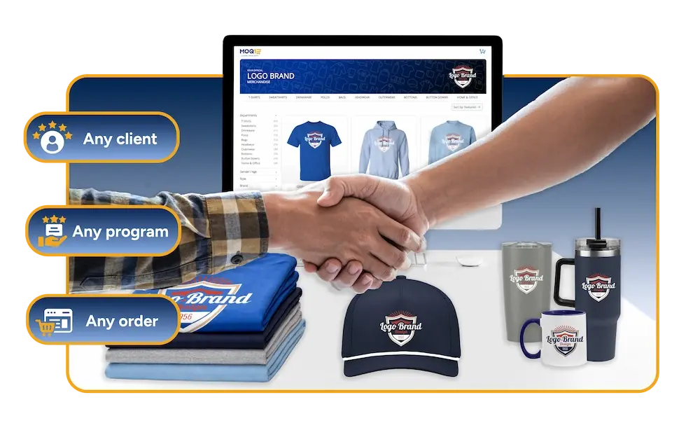 Promotional products distributor managing branded client shops on MOQ1