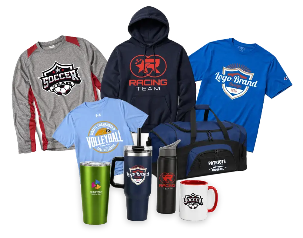 Branded apparel and drinkware from the MOQ1 product catalog