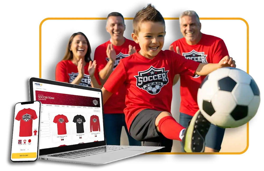 Youth soccer team in branded jerseys with MOQ1 spirit shop on laptop and phone screens