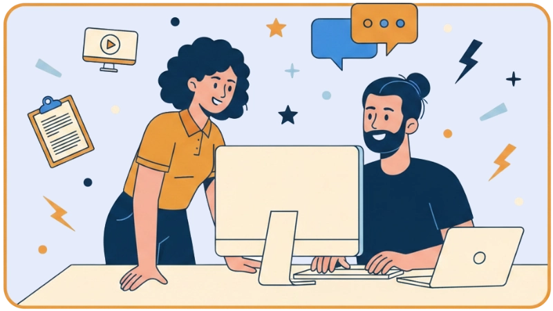 Two coworkers exploring MOQ1 tutorials and resources together on a desktop computer.